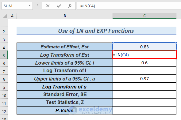 Applying LN Function to Calculate P-Value from Confidence Interval in Excel 