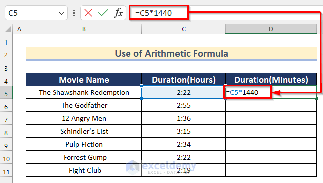 Use of Arithmetic Formula to Convert Hours to Minutes in Excel