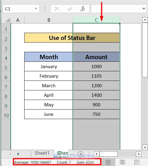 Autosum Column in Excel by Using Status Bar