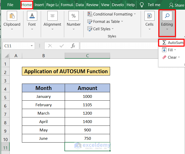 AUTOSUM Function to Autosum Column in Excel