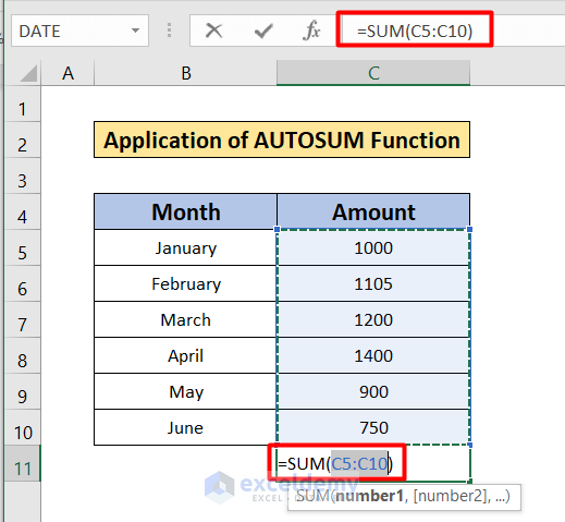 AUTOSUM Function to Autosum Column in Excel