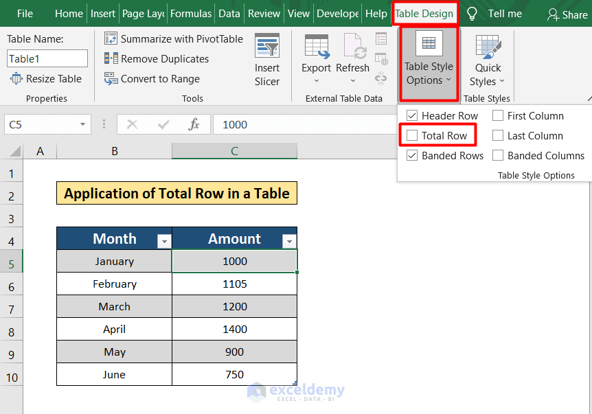 Apply Total Row Option in Table to Autosum Column in Excel