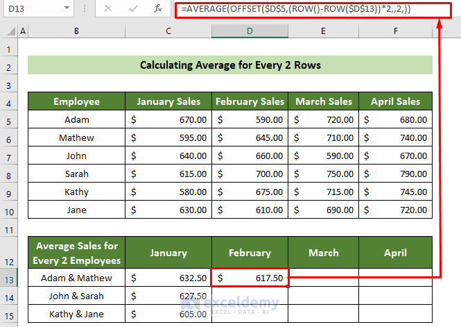 Formula to Average Every Two Employees Sales in February