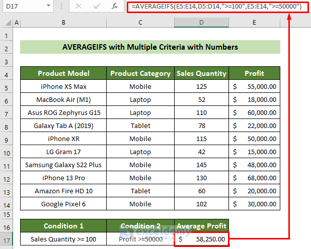 AVERAGEIFS with Multiple Number Criteria in Same Range