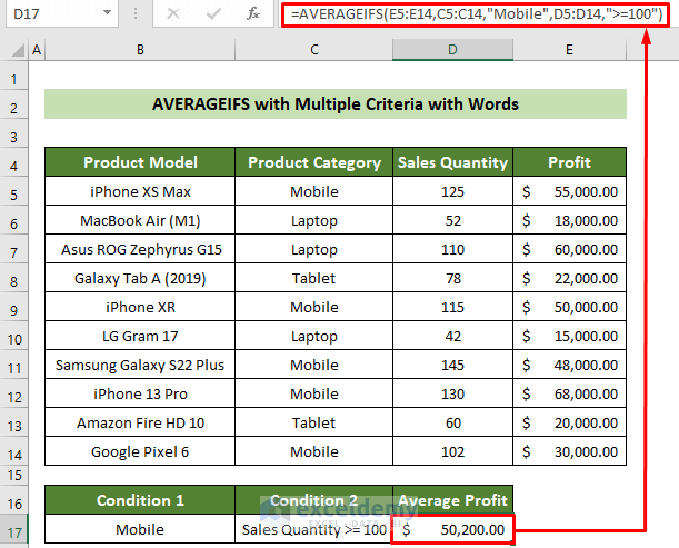 AVERAGEIFS Function with Multiple Word Criteria in Same Range in Excel