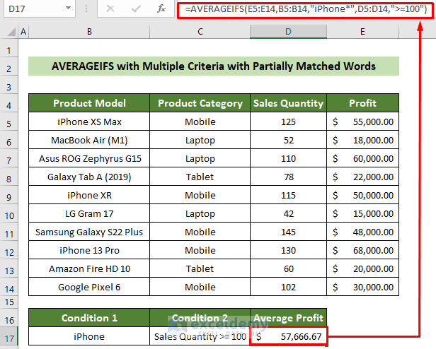 AVERAGEIFS Function with Multiple criteria for Partially Matched Words in Same Range