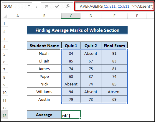 Finding Average Marks of Whole Section to Use AVERAGEIFS Not Equal to 