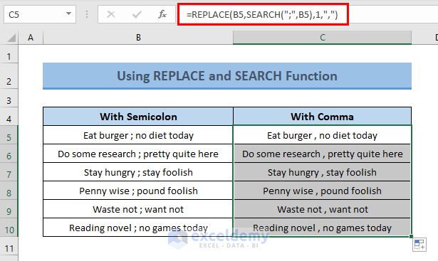 REPLACE & SEARCH Functions to Change Semicolon to Comma in Excel