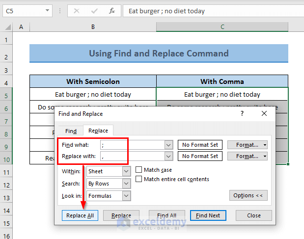 Find & Replace Command to change Semicolon to Comma in Excel