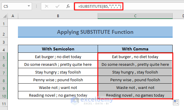 SUBSTITUTE function to Change Semicolon to Comma in Excel