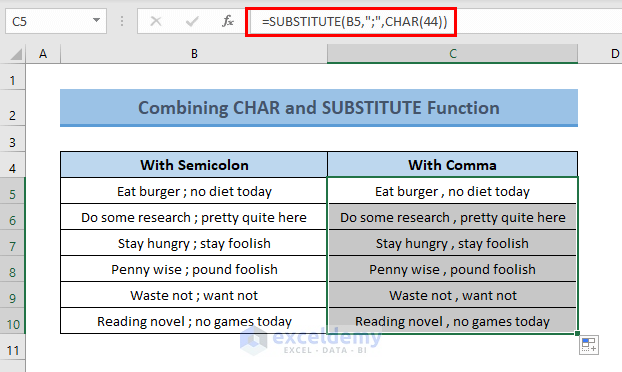 CHAR & SUBRTITUTE Functions to change semicolon to comma in Excel