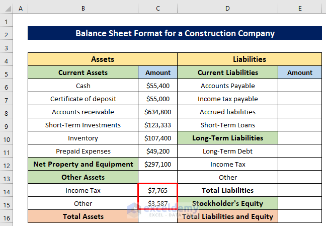 Insert Other Assets to Make a Balance Sheet Format for Construction Company in Excel