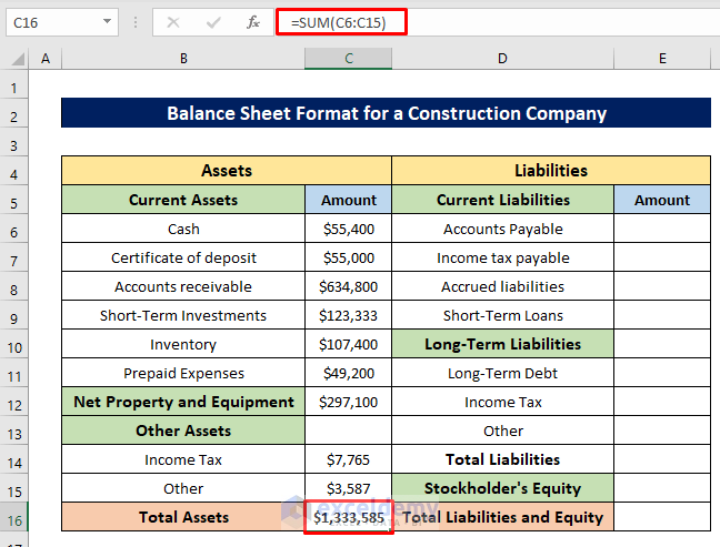 Calculate Total Assets to Make a Balance Sheet Format for Construction Company in Excel