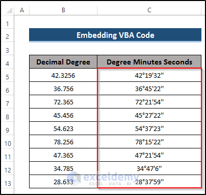 Applying VBA Code to Convert Decimal Coordinates to Degrees Minutes Seconds in Excel