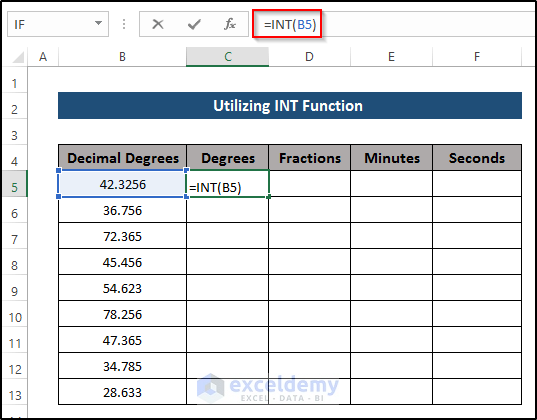 Exercising INT Function to Convert Decimal Coordinates to Degrees Minutes Seconds in Excel