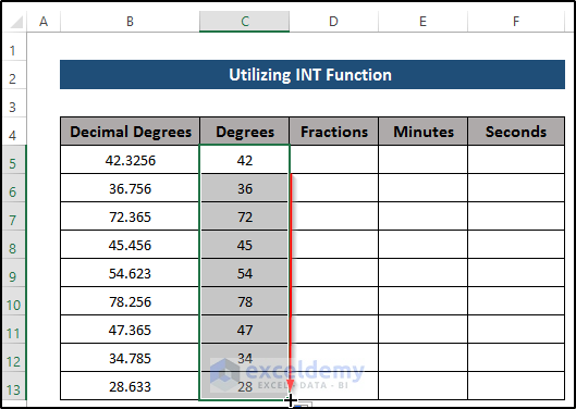 Utilizing INT Function to Convert Decimal Coordinates to Degrees Minutes Seconds in Excel