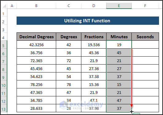 Using INT Function to Convert Decimal Coordinates to Degrees Minutes Seconds in Excel