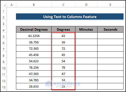 Utilizing Text to Columns Feature to Convert Decimal Coordinates to Degrees Minutes Seconds in Excel