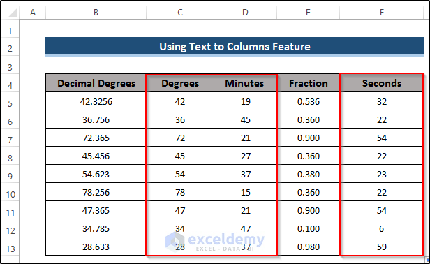Managing Text to Columns Feature to Convert Decimal Coordinates to Degrees Minutes Seconds in Excel
