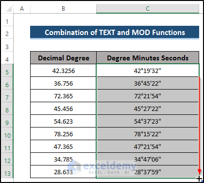 Using TEXT and MOD Functions to Convert Decimal Coordinates to Degrees Minutes Seconds in Excel