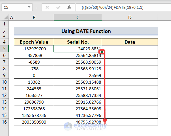 Using DATE function to convert epoch time to a serial number