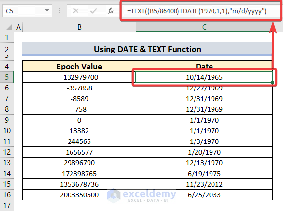 Combine DATE & TEXT Functions to Convert Epoch Time to Date