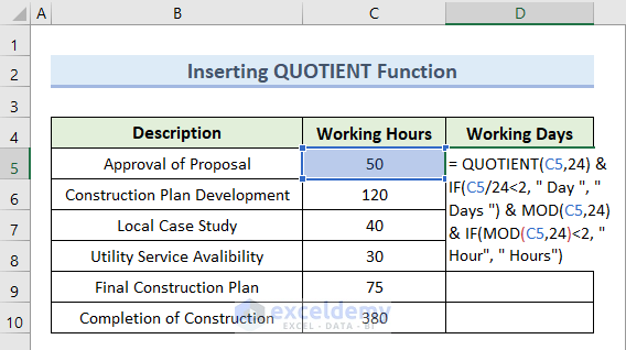 Insert QUOTIENT Function for Conversion of Hours to Days