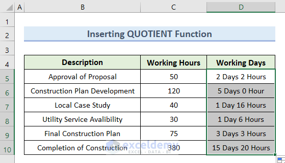 Insert QUOTIENT Function for Conversion of Hours to Days