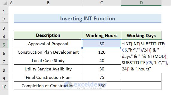 Convert Hours to Days in Excel with INT Function