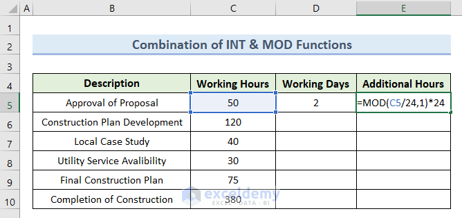 Convert Hours to Days by Combining INT & MOD Functions