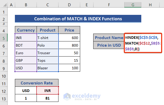 Combination of MATCH & INDEX functions to find and convert INR to USD