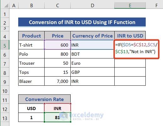 Convert from INR to USD applying IF function based formula