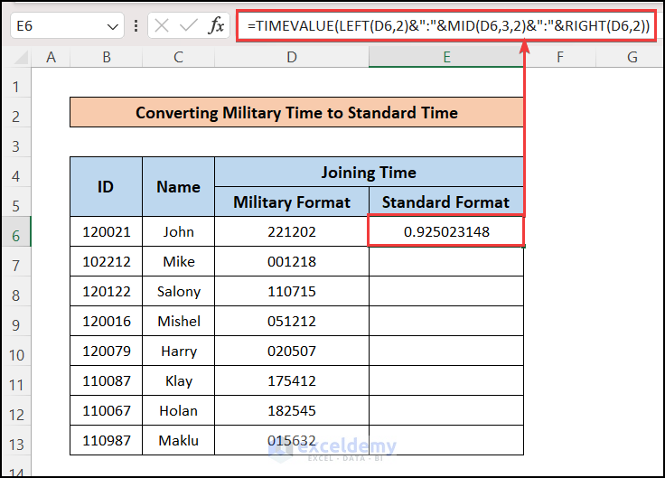 Applying Formula to Convert Military Time to Standard Time in Excel
