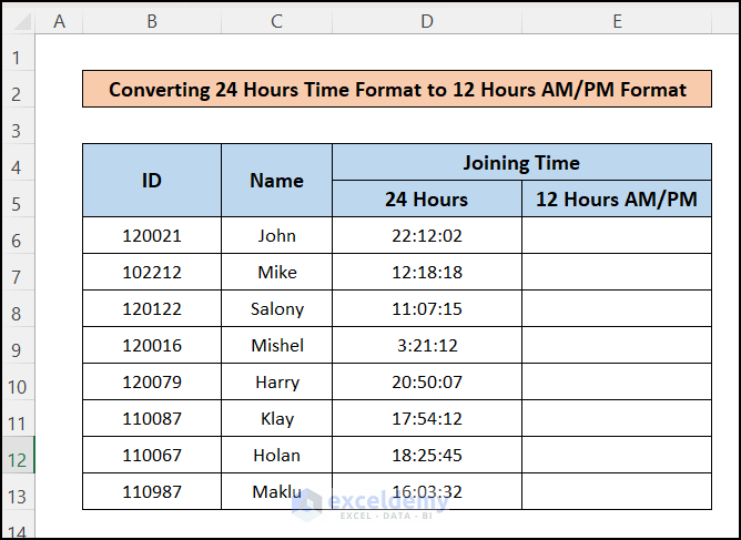 Dataset of Converting 24 Hours Military time to 12 Hours Format Standard Time
