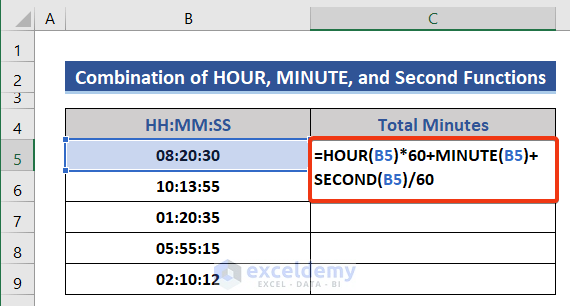 Apply a formula combining HOUR, MINUTE and SECOND functions