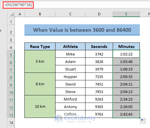 Convert Seconds to Minutes in Excel when Value is between 3600 & 86400