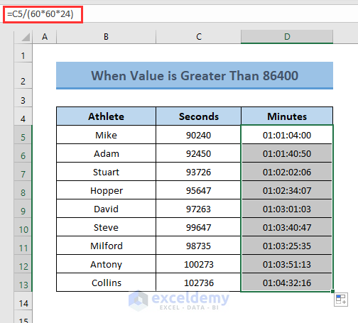 Convert Seconds to Minutes When value is Greater Than 86400