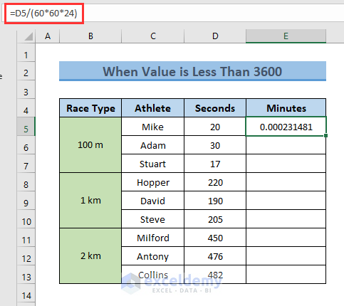 Enter Formula to Convert Seconds to Minutes