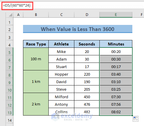 Convert Seconds to Minutes in Excel