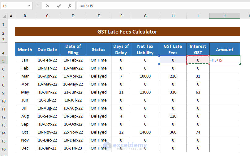 Amount of Late Fees for Each Month to Create Calculator