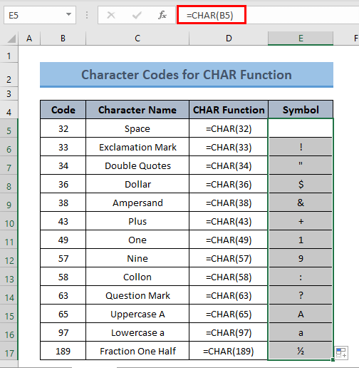 Excel Character Codes