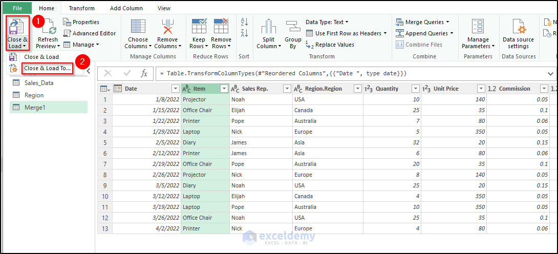 Place Merged Table in Excel Using Power Query 