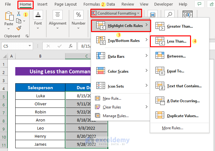 Using Less Than Command of Conditional Formatting to Highlight Date