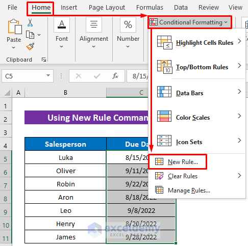 Using New Rule Command of Conditional Formatting to Highlight Past Due Date
