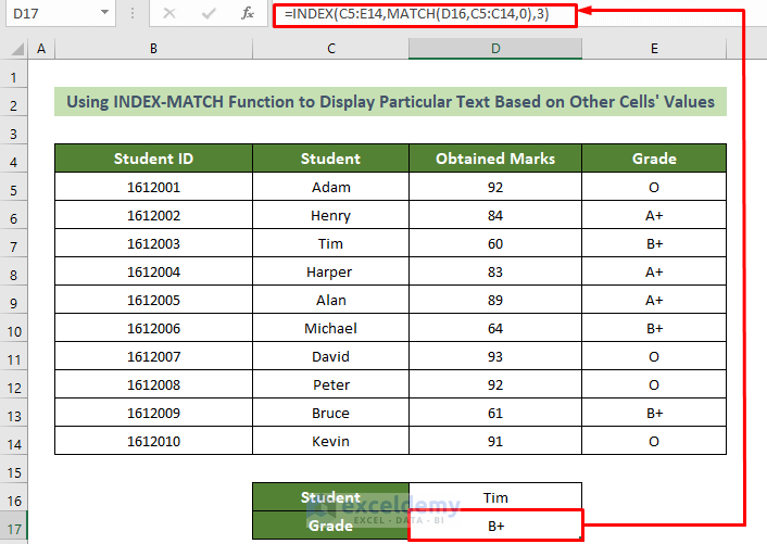 Combining INDEX & MATCH Functions to Display Result from Other Cells