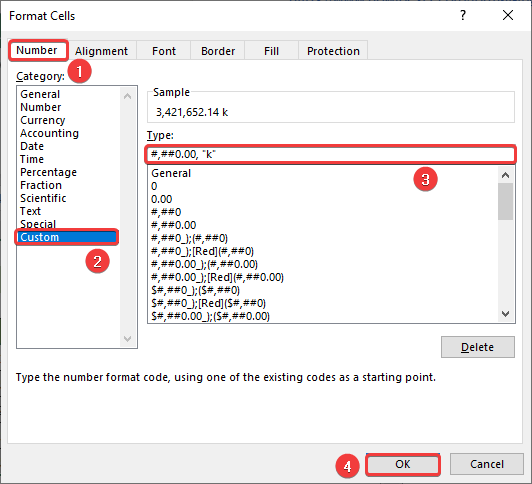 Format Cells Window to Shorten Numbers in Thousands with Abbreviation K
