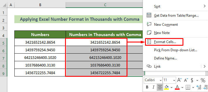 Choose Format Cells Option to Apply Excel Number Format in Thousands with Comma