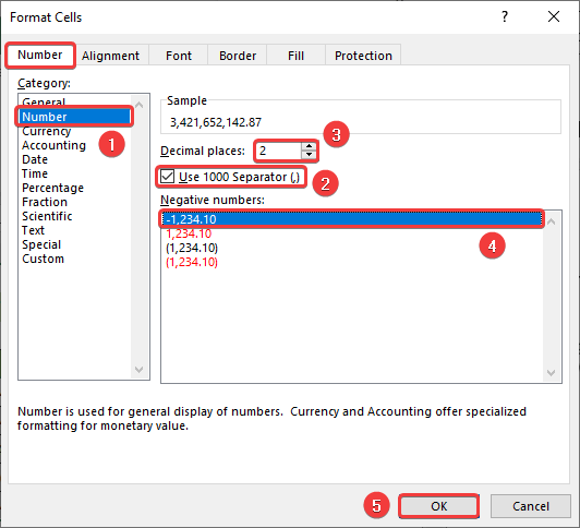 Excel Format Cells Window to Apply Number Format in Thousands with Comma