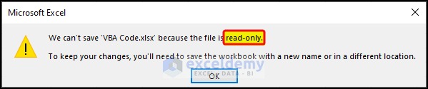 messege showing that the excel workbook vba can't open as read only