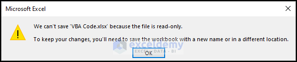 warning showing that the excel workbook can't be open as read only